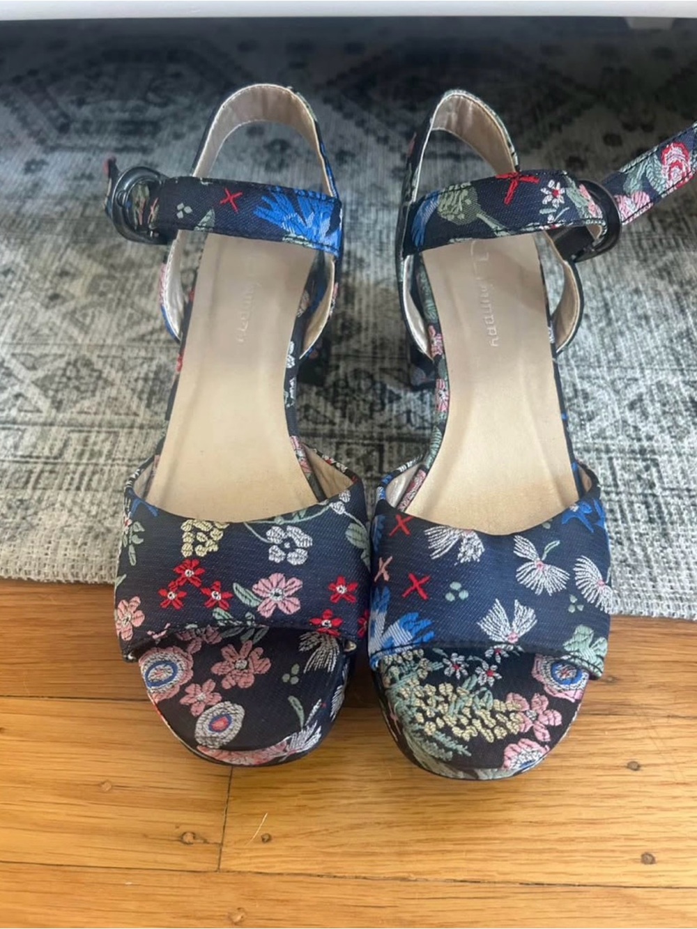 CL by Laundry Navy Floral Platform Sandals with Ankle Strap